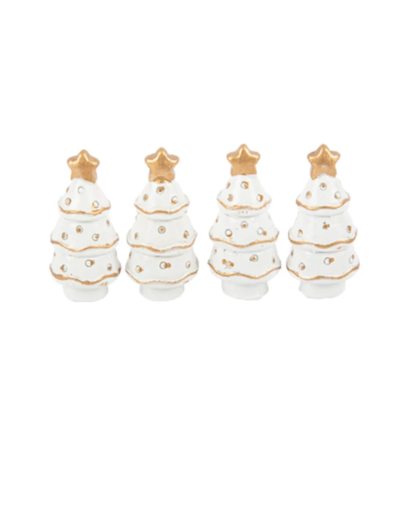4 weiße und goldene Harz-Tannenbaum-Tischdekorationen 3 x 3 cm
