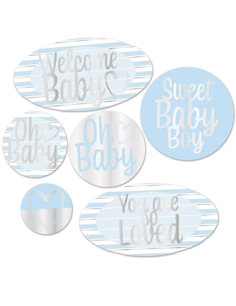 6 Baby Shower Willkommen Baby Dekorationen blau silber Karton