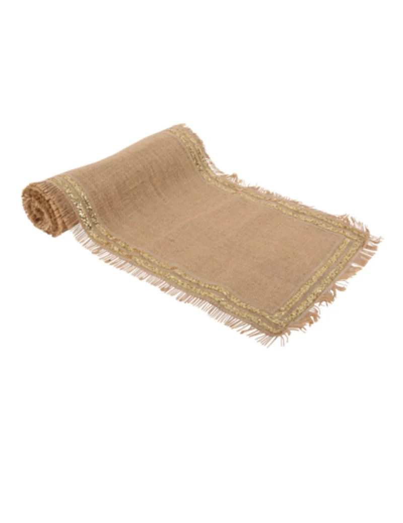 Tischläufer Jute ausgefranst mit doppeltem Goldglitzerstreifen 30 cm x 3 m für Hochzeit