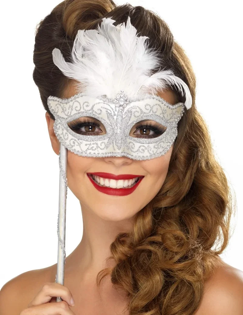 Venezianische Maske in weiß mit Feder