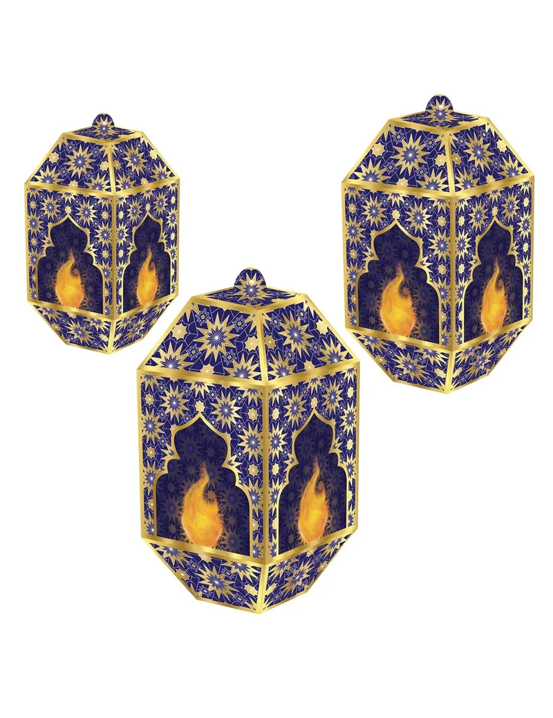 3 blaue und goldene Eid Mubarak Papierlaternen 20, 24 und 28 cm zum Aufhängen