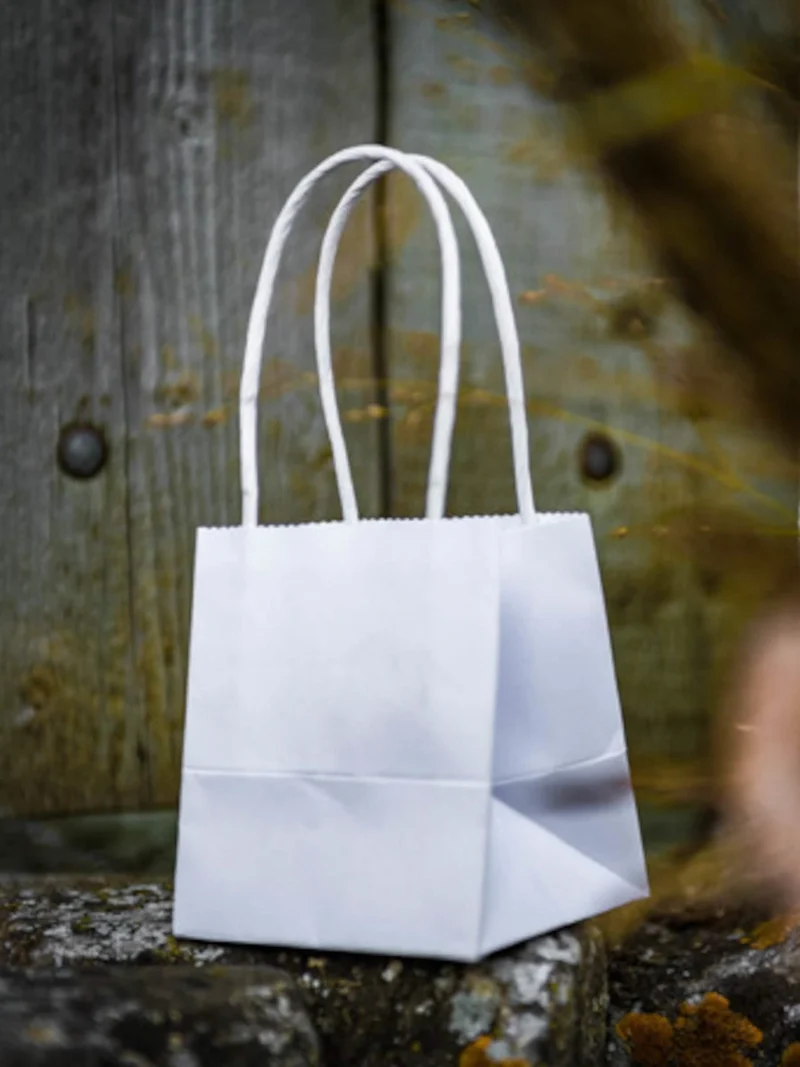 6 kleine weiße Kartontaschen 9 x 10 cm mit gedrehten Griffen