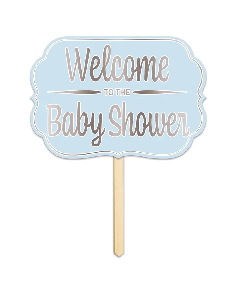 Willkommensschild aus Karton "Welcome to the Baby Shower" Blau mit Holzstab