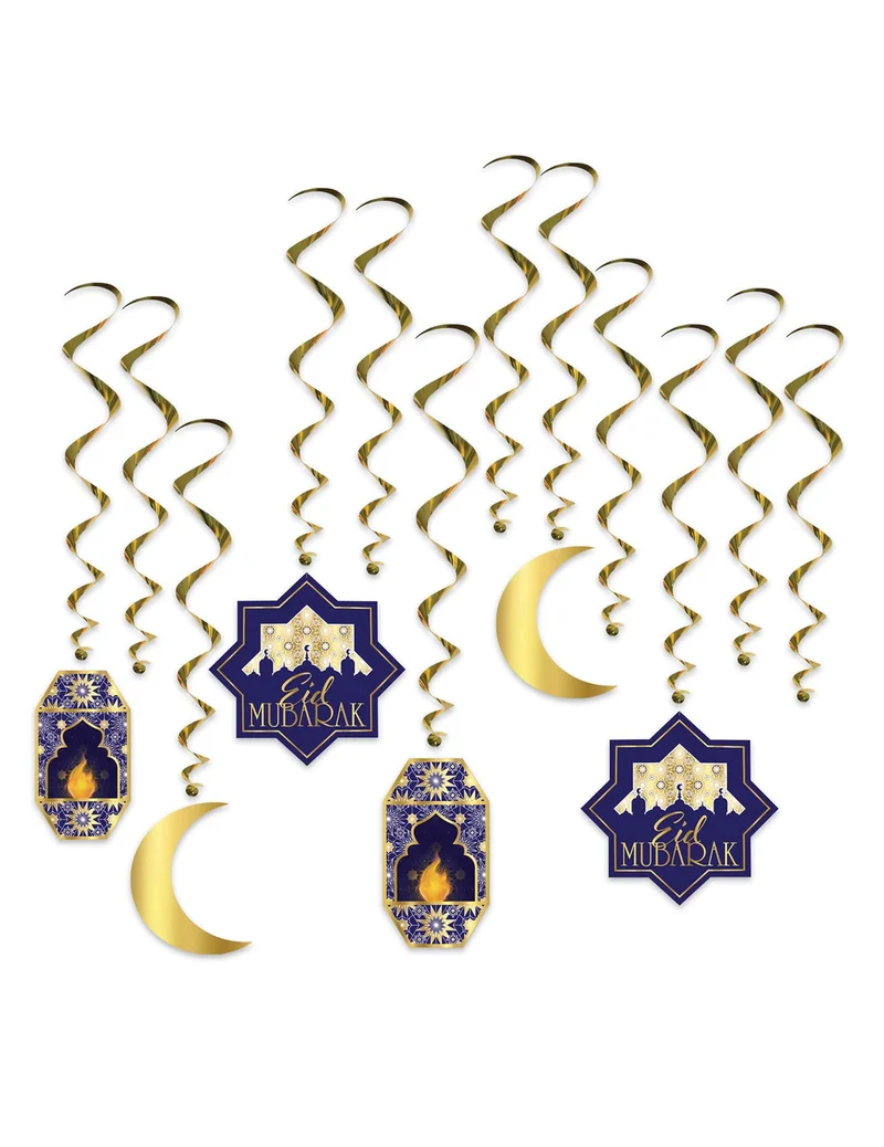 12 blaue und goldene Eid Mubarak Spiralanhänger 71 cm für Partys