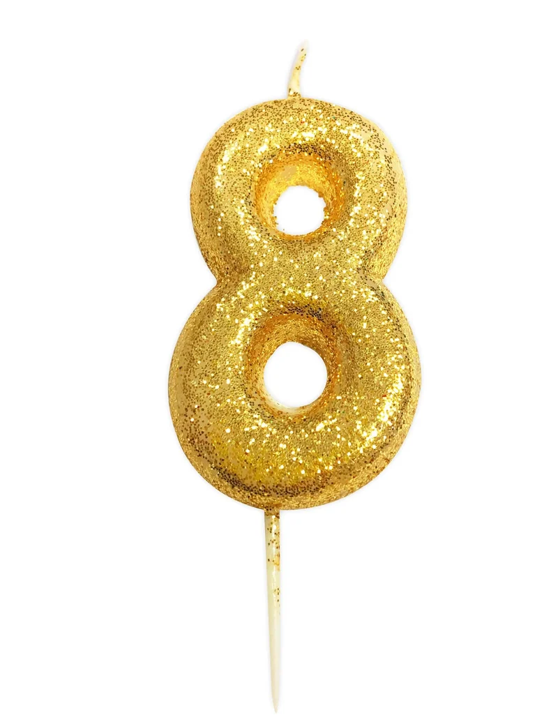 Goldene Glitzer-Kerze Zahl 8, 9 cm für Kuchen
