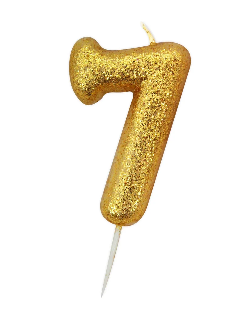 Goldene Glitzer-Kerze Zahl 7, 8,5 cm