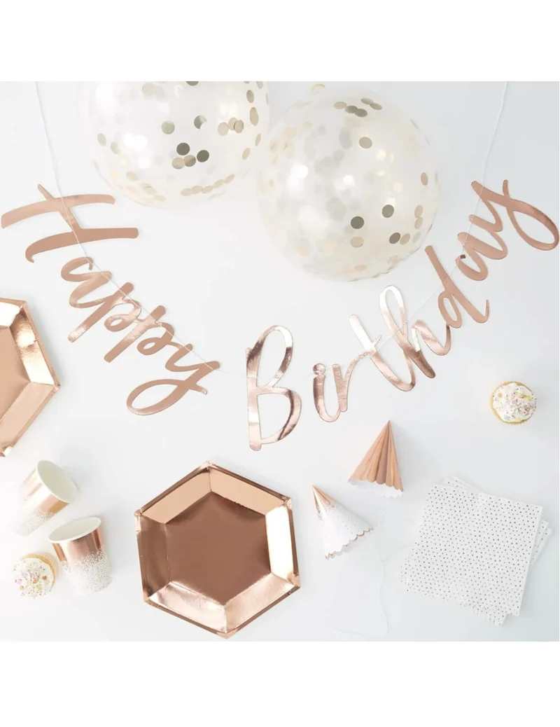 Komplettes Deko- und Geschirrset zum Geburtstag, Roségold, 70 Teile mit Ballons und Girlande