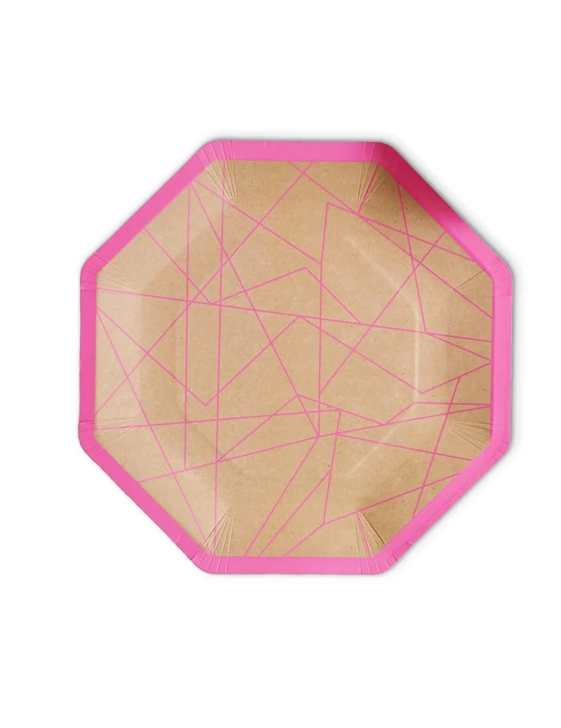 8 achteckige Teller aus Kraftkarton, geometrisch, Neonrosa, 25 cm