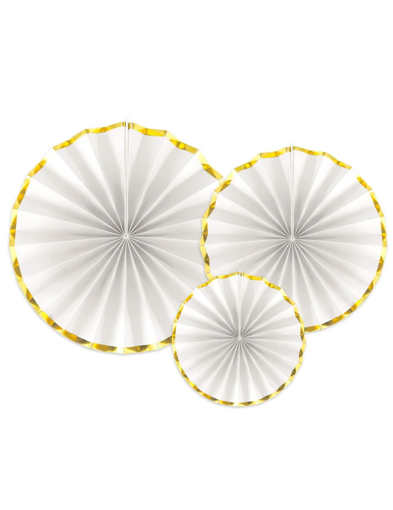 3 weiße und goldene Papierrosetten 40, 32 und 23 cm für Dekoration