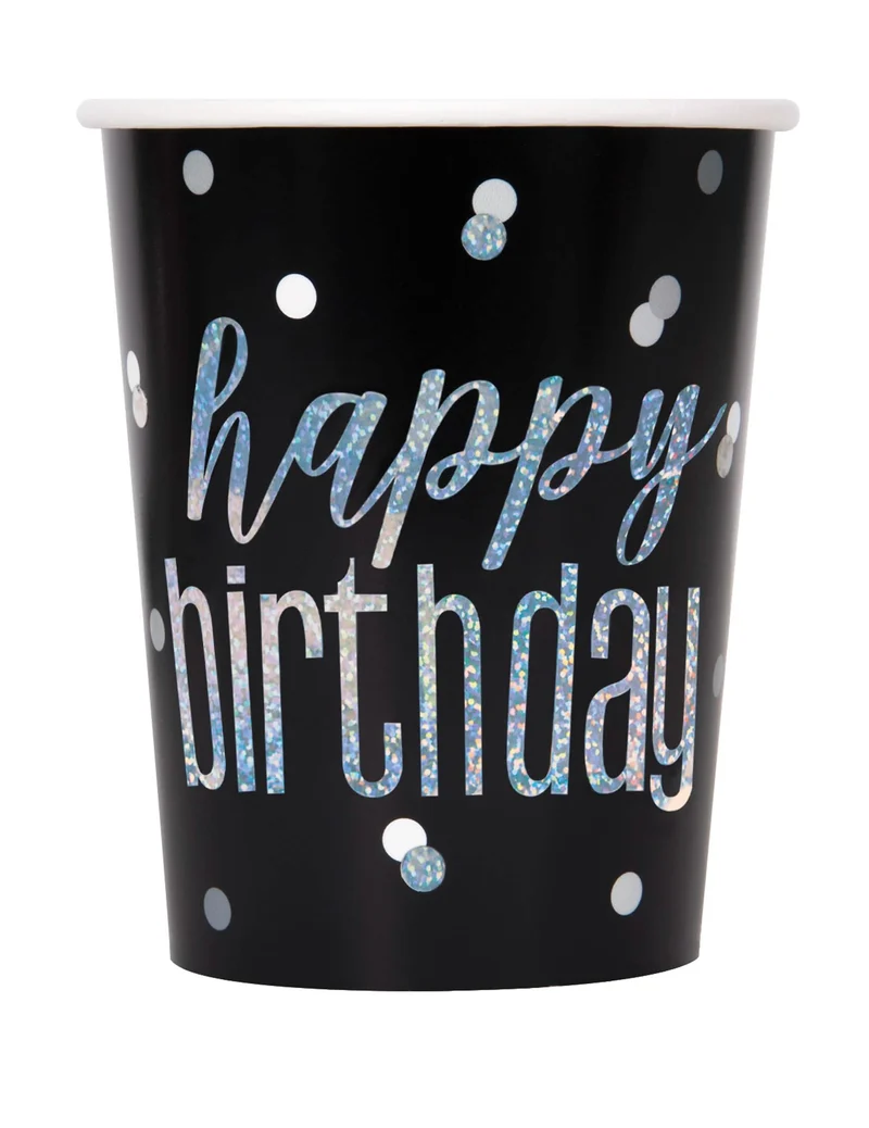8 Pappbecher Happy Birthday Schwarz und Grau 270 ml glitzernde Konfetti