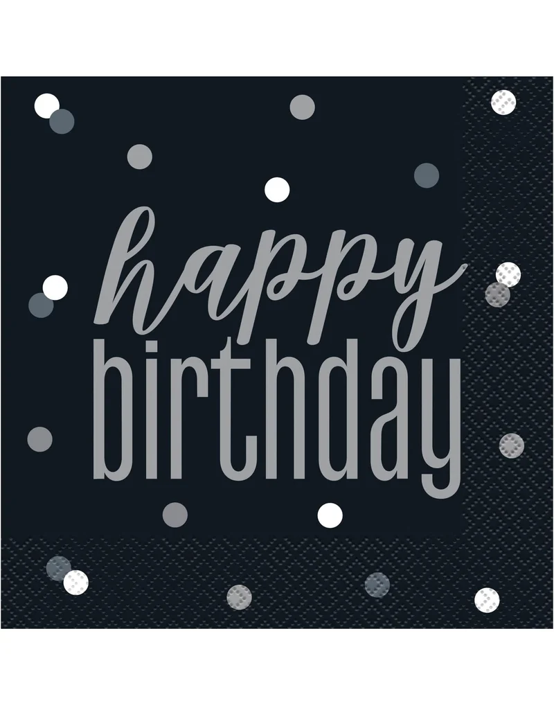 16 Happy Birthday Papierservietten Schwarz und Grau 33 x 33 cm für Geburtstag