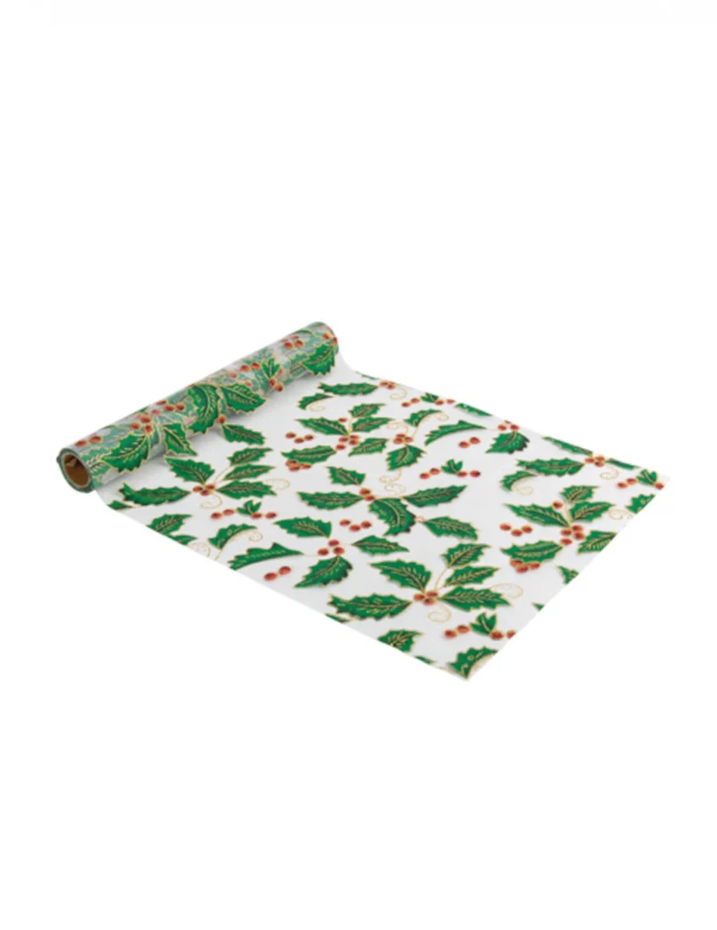Organza- und Glitzer-Tischläufer mit Weihnachts-Stechpalme 28cm x 3m Weiß