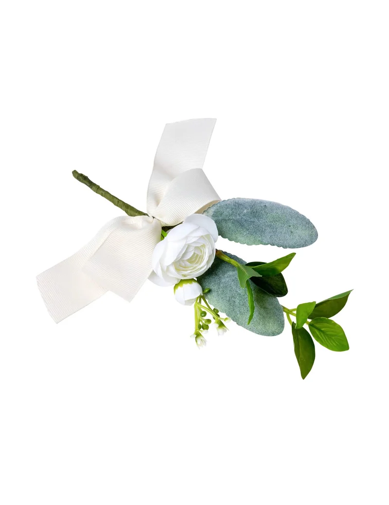 Zweig mit weißen Pfingstrosen und Blättern mit Band 20 cm für Hochzeit
