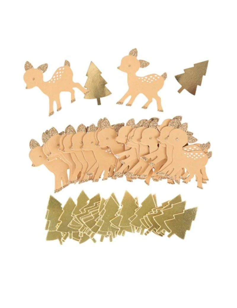 80 Konfetti kleine Rehe und goldene Tannenbäume