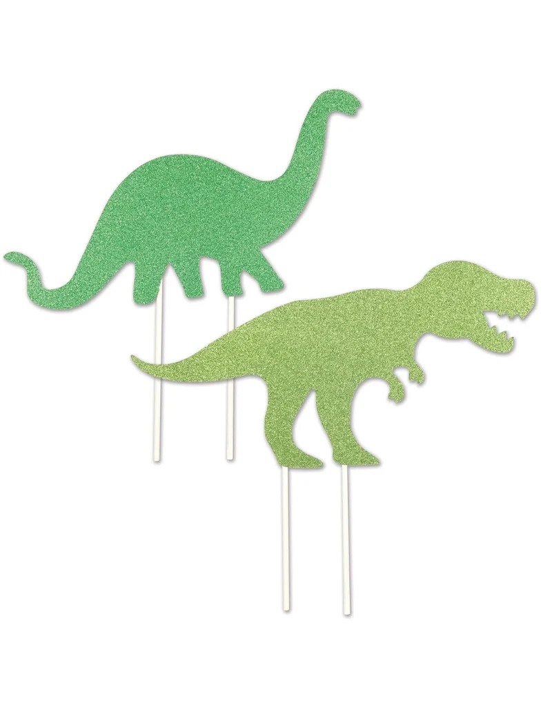2 Kuchenaufsätze Dinosaurier aus Kunststoff 20 x 21 cm, glitzergrün