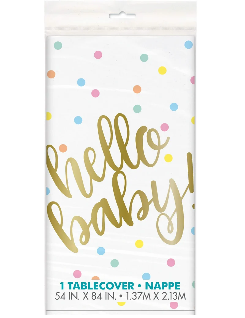 Tischdecke aus Kunststoff Hello Baby weiß und gold 137 x 213 cm mit Punkten