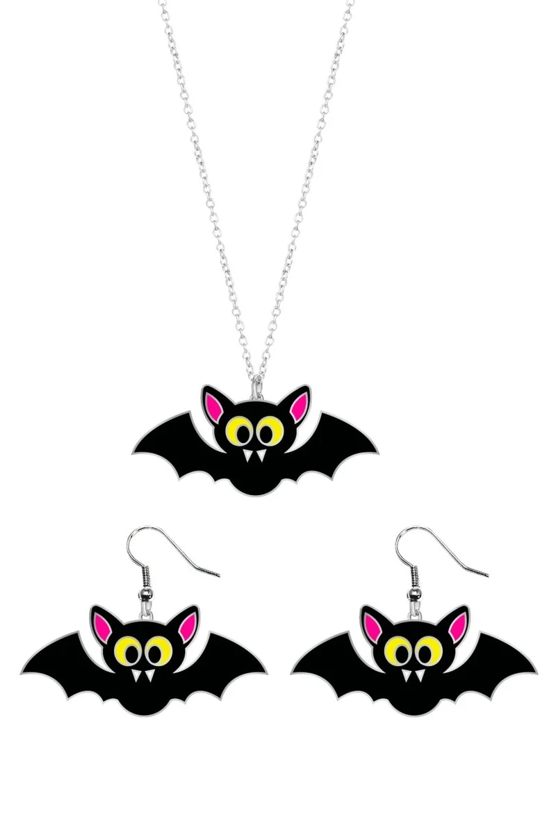 Halloween Accessoire Set Halskette und Ohrringe Fledermaus
