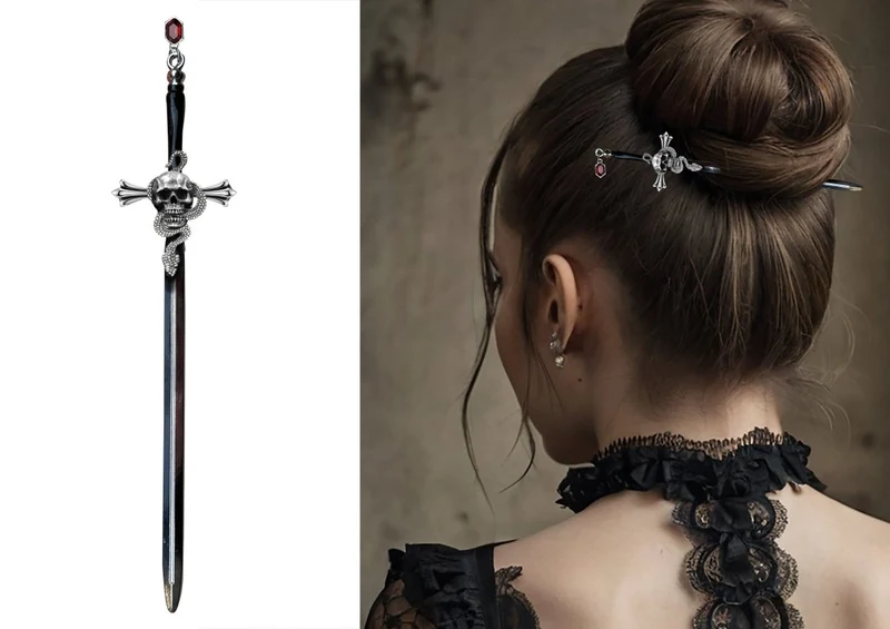 Halloween Haarnadeln Schwarz Silber Schwert 19cm