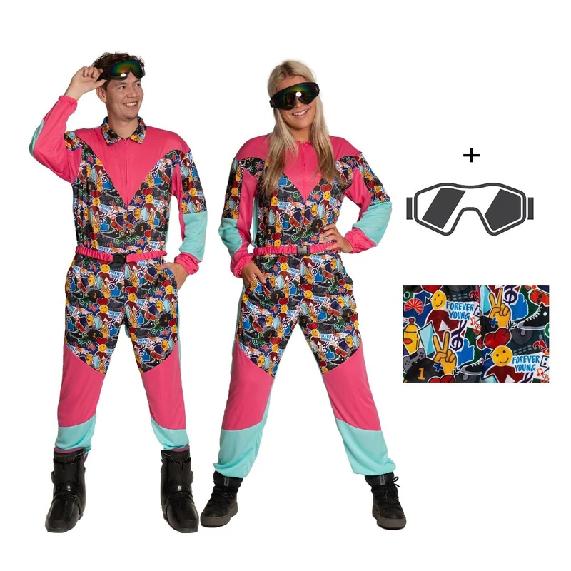 Neon 80S Skianzug farbig mit Schutzbrille