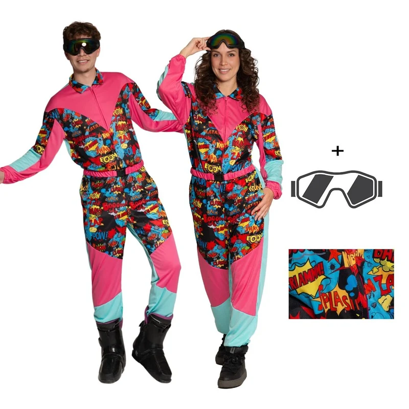Neon 80S Skianzug Buntes Comic mit Schutzbrille