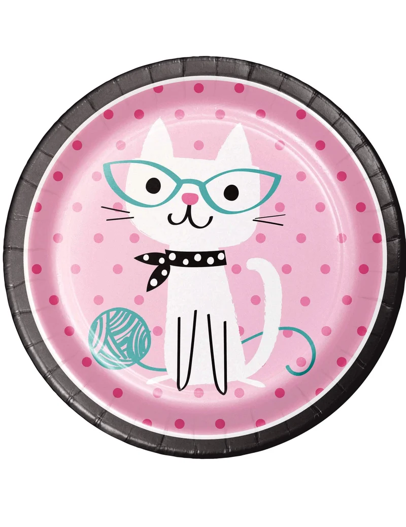 8 Pappteller Katze 22 cm rosa Geburtstag