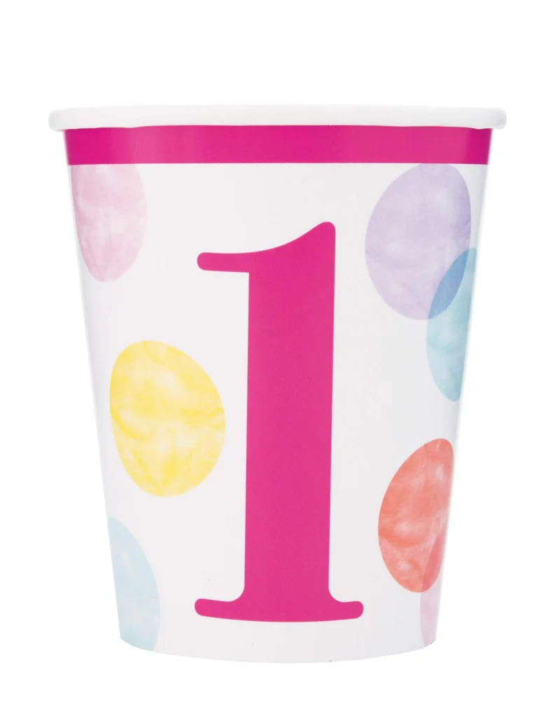 8 Pappbecher 1. Geburtstag rosa und weiß 270 ml mit Pastellpunkten