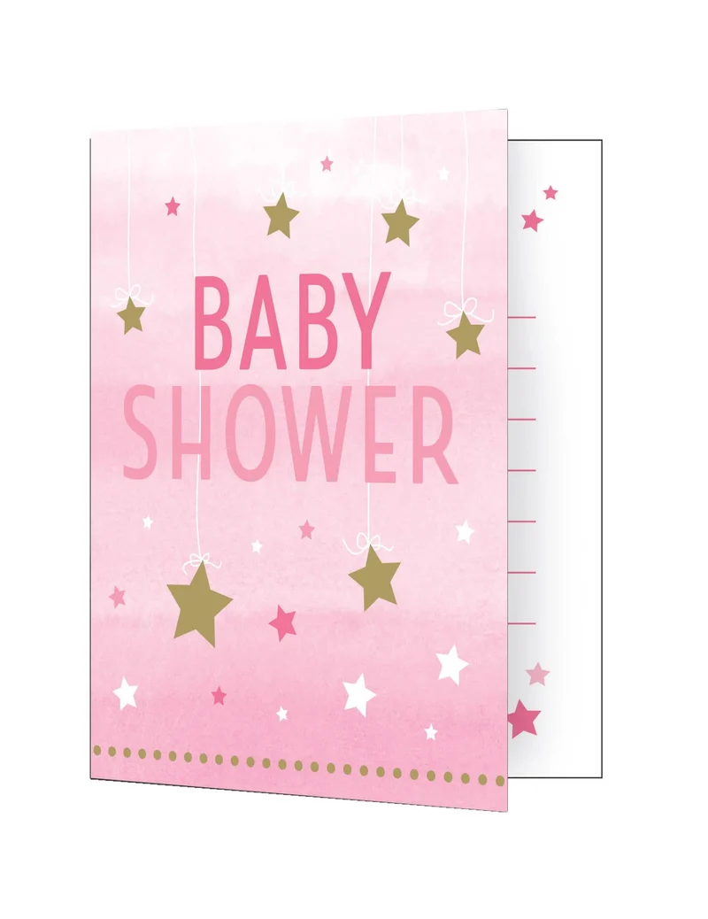 8 rosa Babyparty-Einladungen One Little Star 10 x 12 cm mit goldenen Sternen