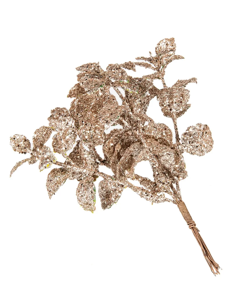 6 mattierte Roségold-Eukalyptuszweige 23 cm mit Glitzer