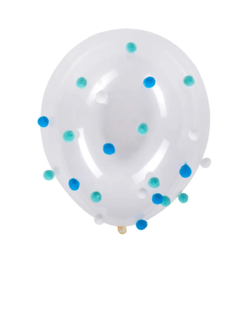 5 transparente blau-weiße Pompon-Ballons 30 cm für Geburtstag