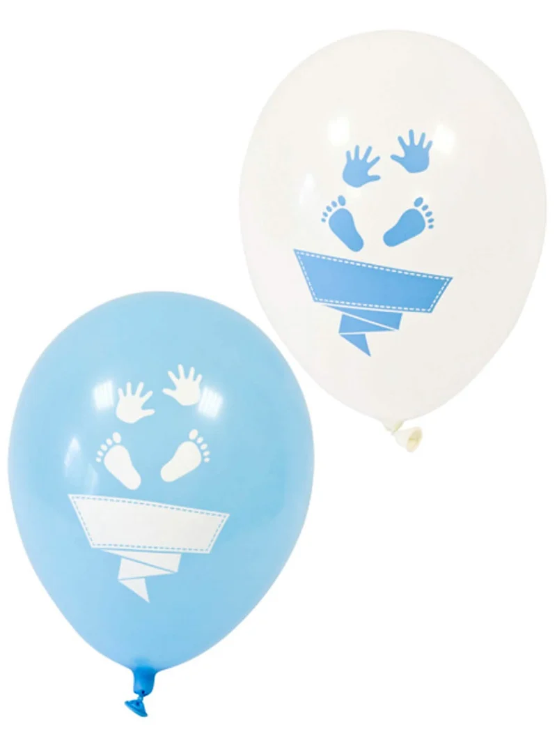 8 Latexballons mit weißen und blauen Fuß- und Handabdrücken 30 cm Babyparty