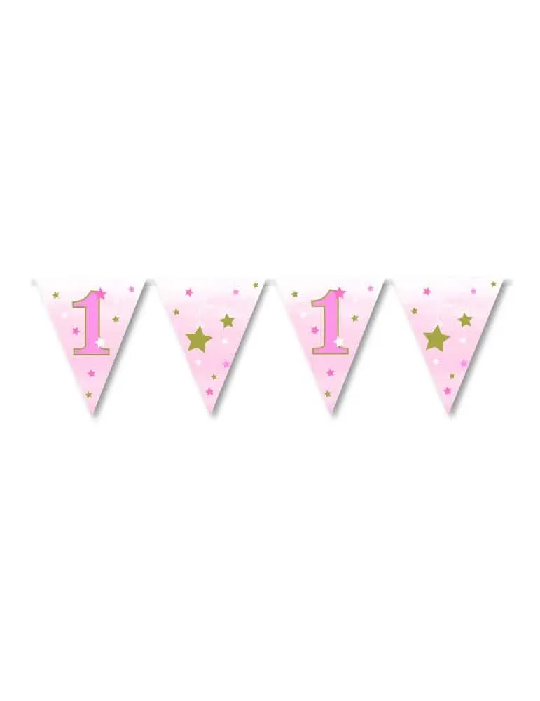 Papiergirlande erster Geburtstag Mädchen One Little Star 3,7 m mit Wimpeln