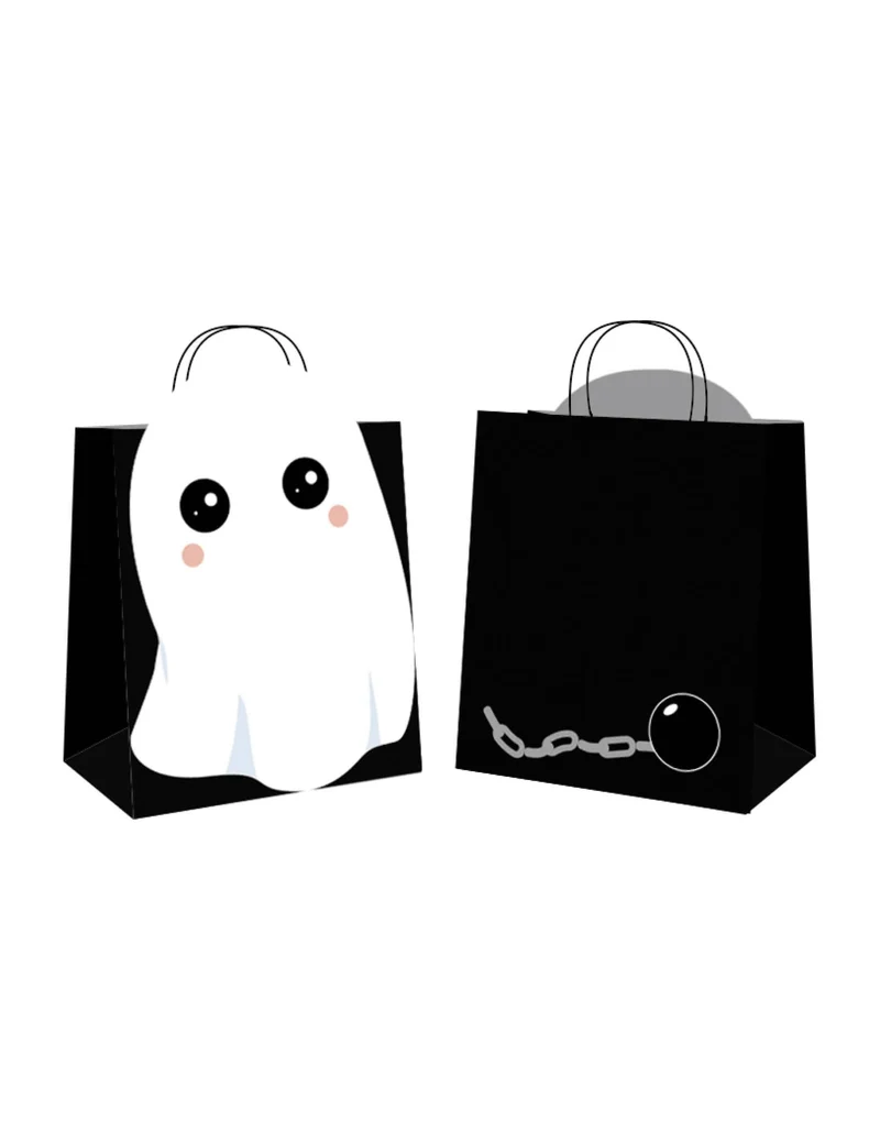 4 schwarze Sweety Ghost Papiertüten für Süßigkeitenjagd mit Geisterrelief