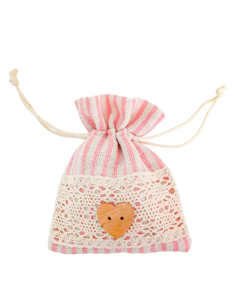 4 gestreifte Beutel in Pastellrosa und Spitze 8 x 10 cm mit Holzherz