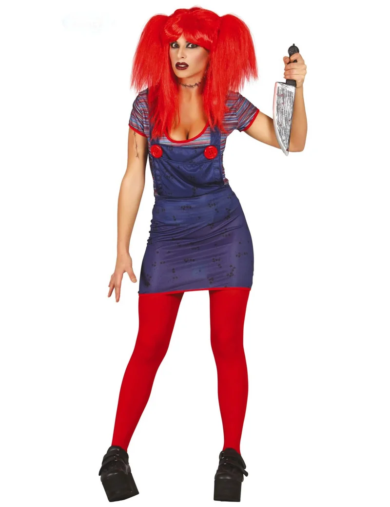 Killer-Puppe Damenkostüm für Halloween blau-rot