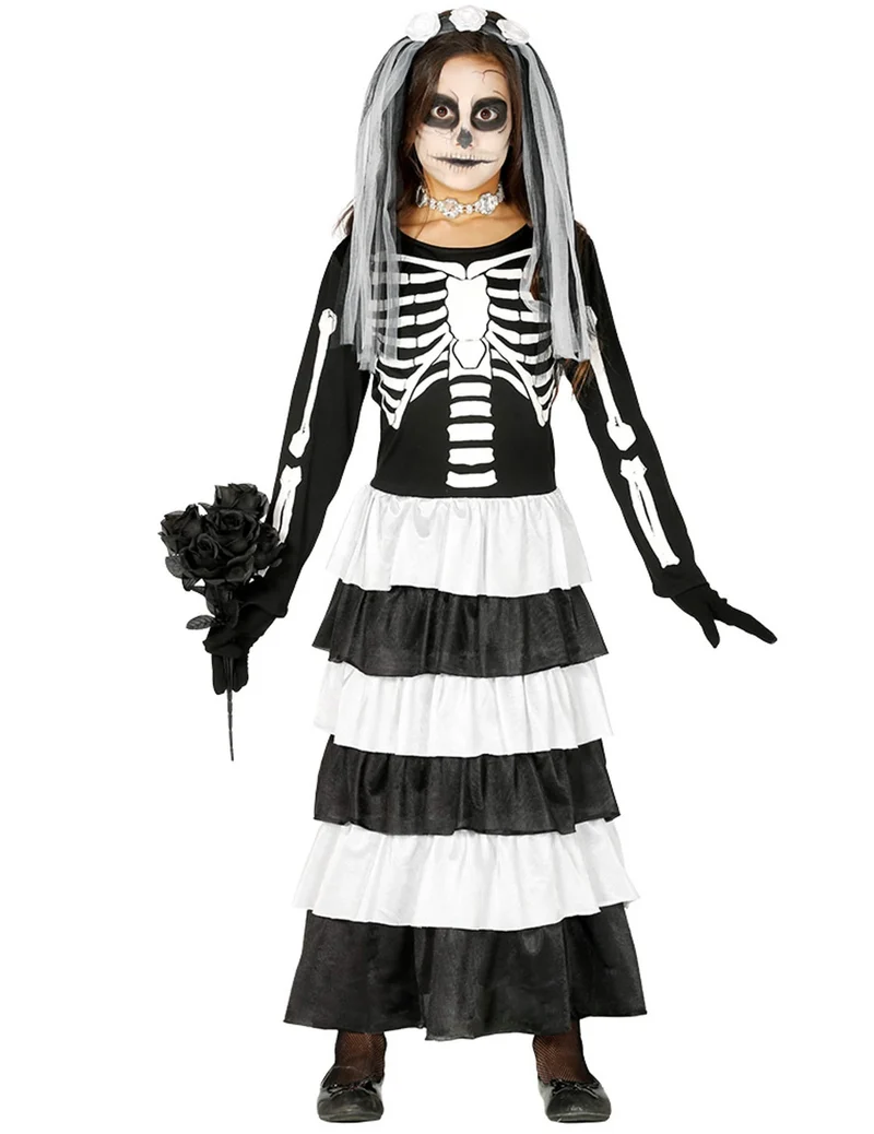 Skelett-Kostüm Zombie-Braut Halloween für Mädchen 2-teilig