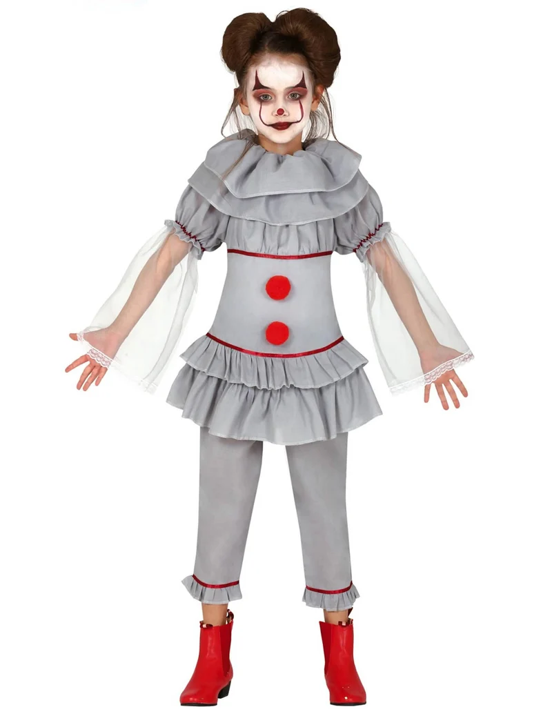 Zombie-Clownkostüm für Mädchen grau-rot