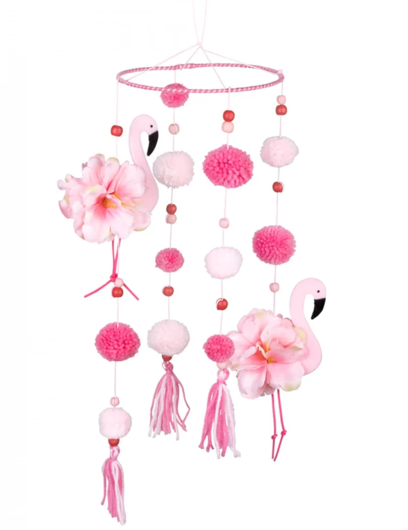 Flamingo-Mobilee mit rosa Pompoms Partydeko rosa 60x16 cm