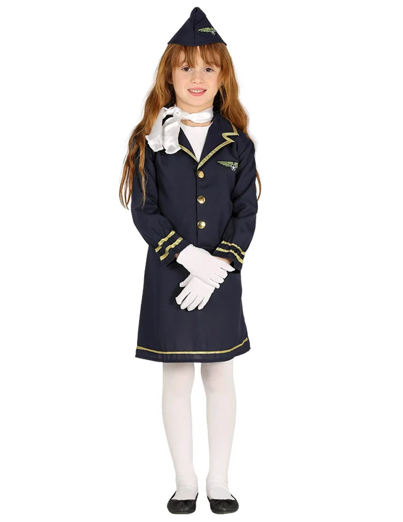 Stewardess-Mädchenkostüm Karnevals-Verkleidung blau-goldfarben