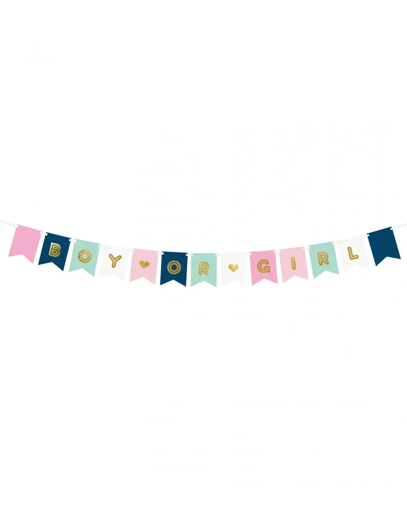 Girlande aus Pappe "Boy or Girl" Rosa, Blau und Gold Baby Shower 15 x 175 cm