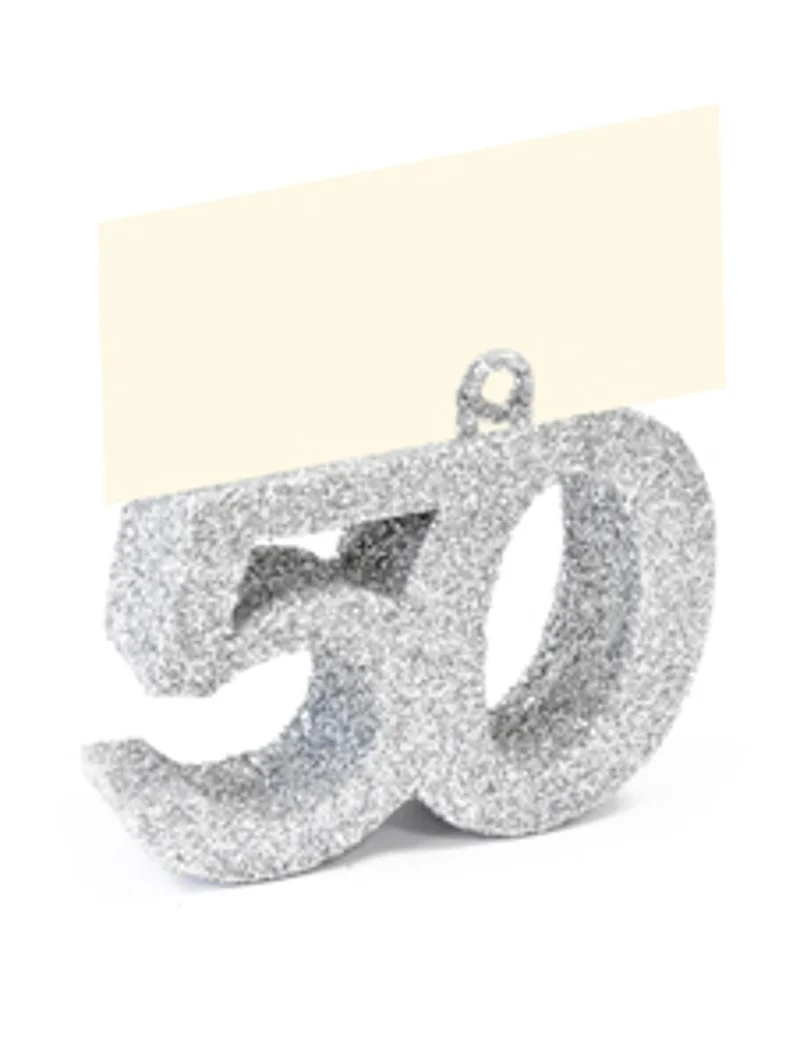 Tischkärtchen Glitzer Zahl 50 Silber 4 x 4 x 1,5 cm mit Namenshalter