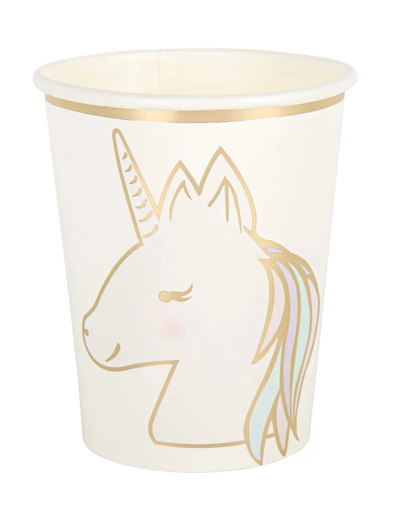 8 Märchenhafte Einhorn-Pappbecher in Pastell und Gold 250 ml