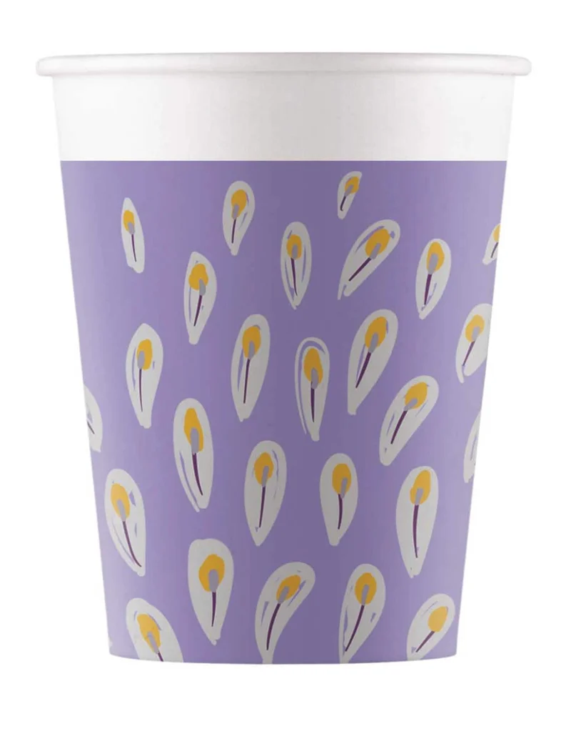 8 violette Pfauenbecher aus Metallkarton 200 ml