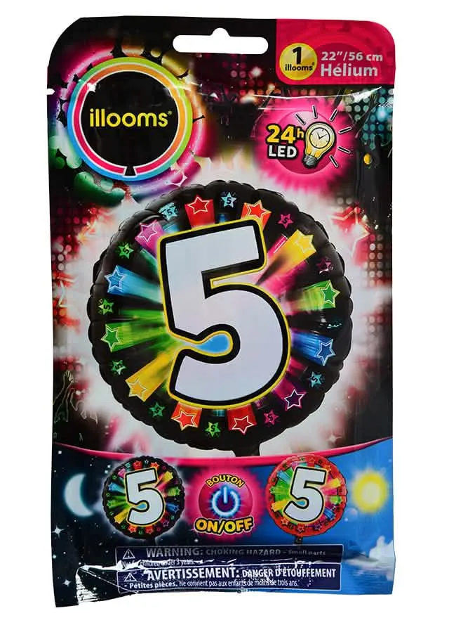 Aluminiumballon Nummer 5 mehrfarbige LED Illooms® 50 cm