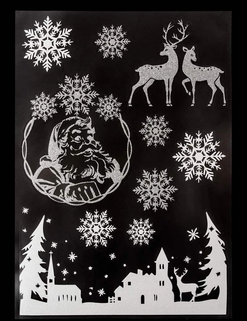 Fenstersticker Weihnachtslandschaft und Schneeflocken 29 x 41 cm glitzernd