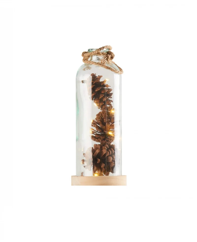 Lichtervase mit Tannenzapfen 31 cm aus Glas und Holz