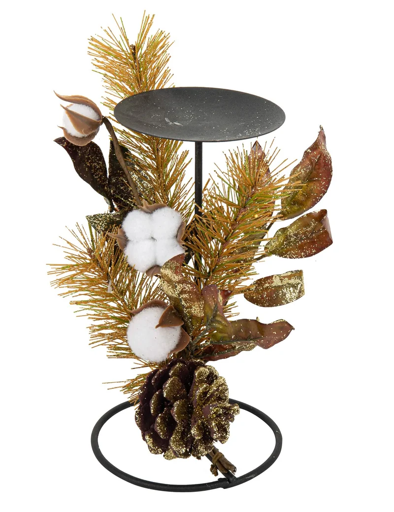 Pflanzlicher Kerzenständer Baumwollblüten Goldglitzer 20 cm aus Metall