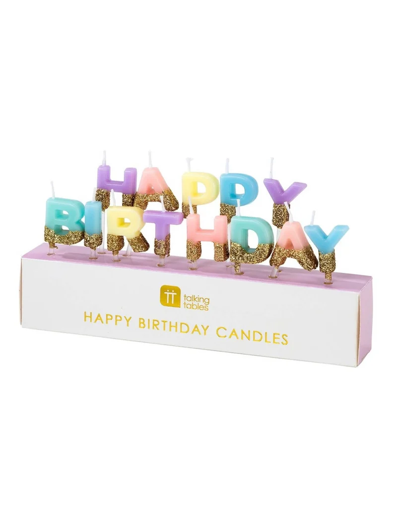 13 pastellfarbene und goldene Happy Birthday-Kerzen