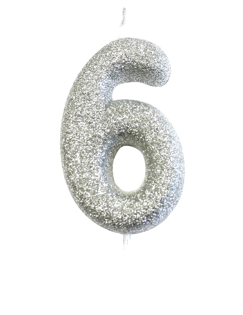 Glitzernde silberne Zahl 6 Kerze auf Spieß, 7 cm, für Geburtstagstorte