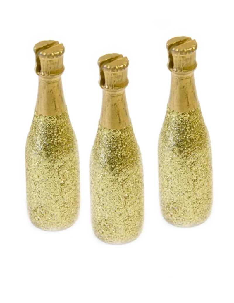 3 goldene Champagnerflaschen-Platzkarten 8 x 2 cm für Partys