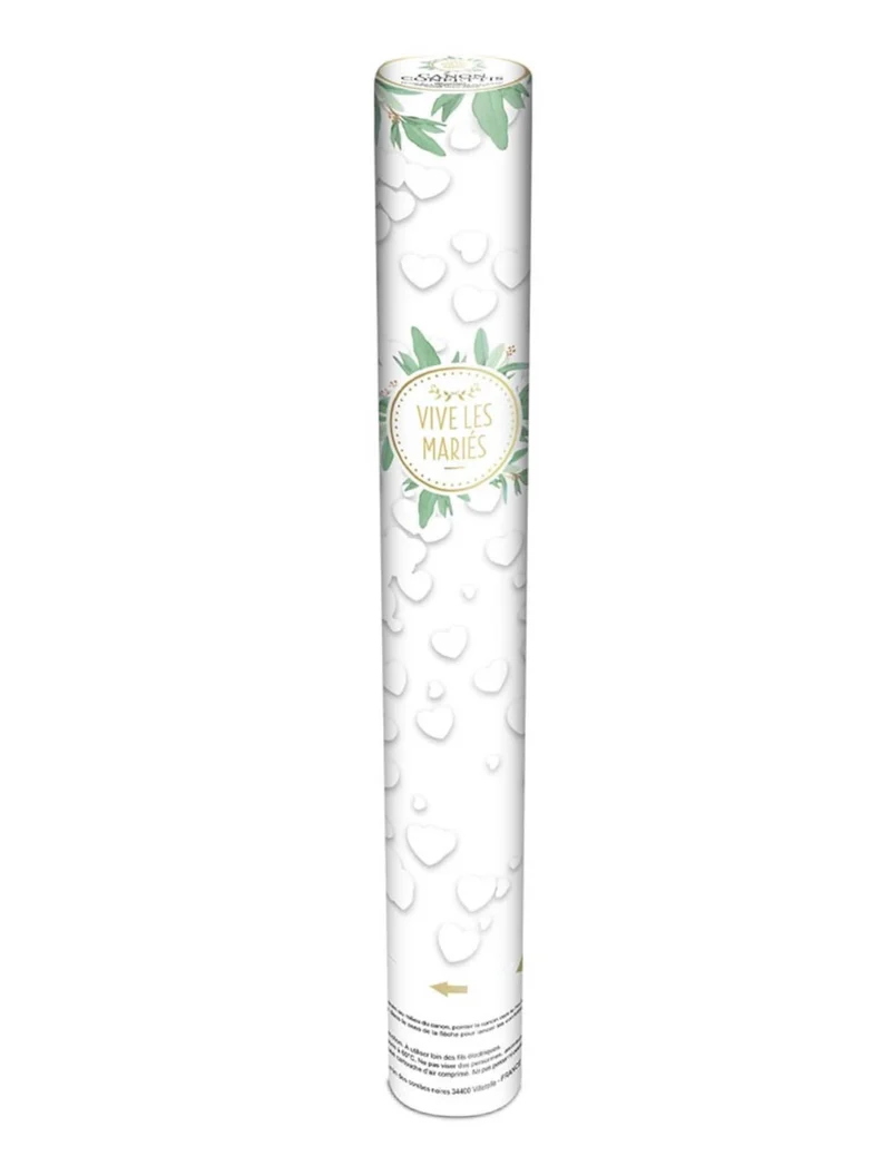Konfettikanone weiße Papierherzen 40 cm "Es lebe das Brautpaar"